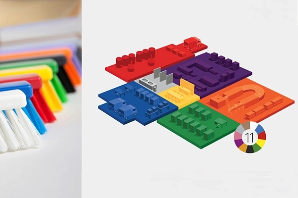 A visual representation of Ecowize's colour-coded hygiene system, featuring different brush colours and a 3D facility layout indicating designated cleaning zones for risk prevention and compliance.