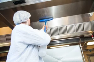 Operator removing condensation from a stainless-steel canopy using a blue hygiene squeegee in a food facility.