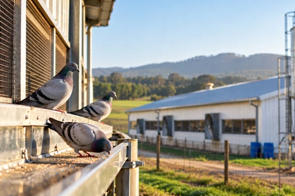 Pigeons gathered on the exterior ledge of a poultry farm building, highlighting bird pest risks and the importance of farm biosecurity.