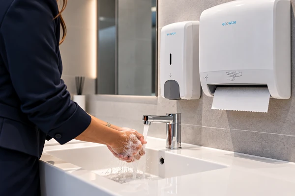 Employee washing hands at a modern workplace ablution facility with Ecowize soap and paper towel dispensers, supporting hand hygiene, workplace cleanliness and employee wellbeing.